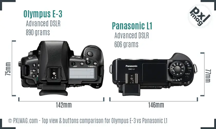 Olympus E-3 vs Panasonic L1 top view buttons comparison