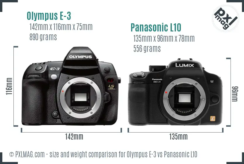 Olympus E-3 vs Panasonic L10 size comparison