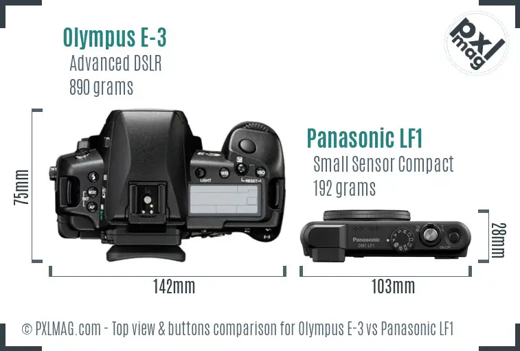 Olympus E-3 vs Panasonic LF1 top view buttons comparison Olympus E-3 vs Panasonic LF1 top view buttons comparison