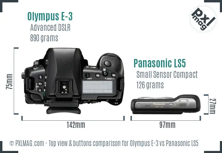 Olympus E-3 vs Panasonic LS5 top view buttons comparison