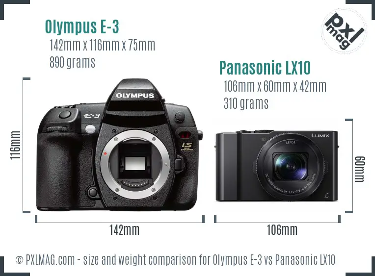 Olympus E-3 vs Panasonic LX10 size comparison