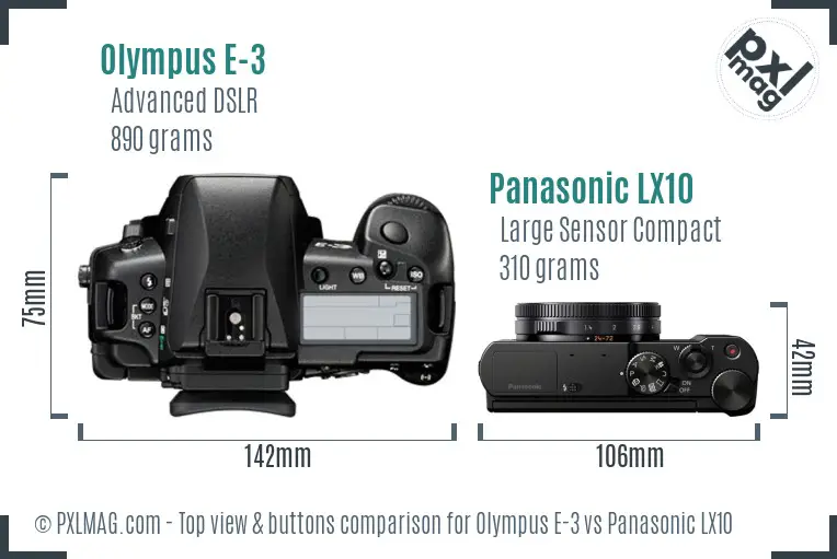 Olympus E-3 vs Panasonic LX10 top view buttons comparison