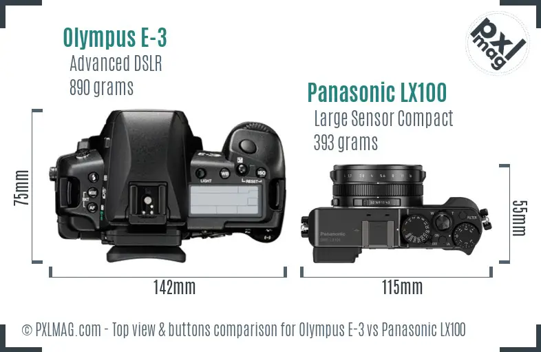 Olympus E-3 vs Panasonic LX100 top view buttons comparison