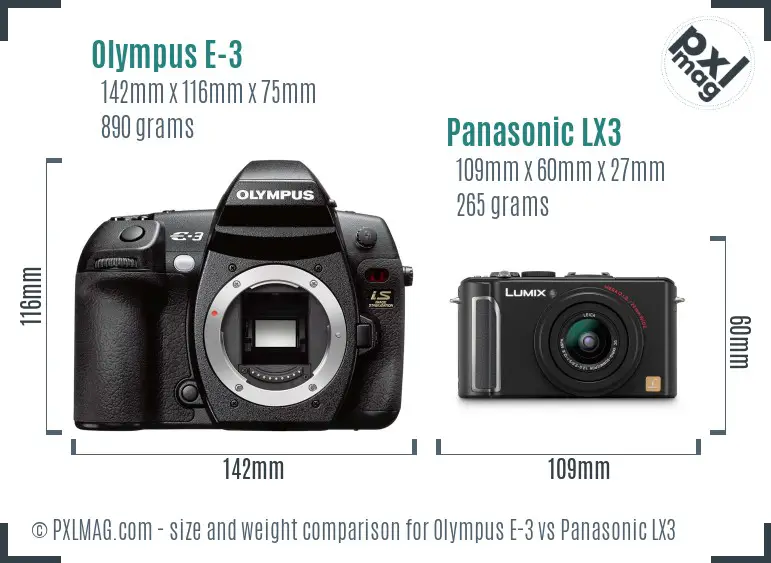 Olympus E-3 vs Panasonic LX3 size comparison