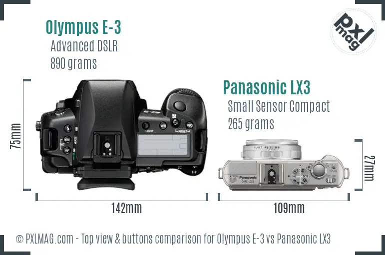 Olympus E-3 vs Panasonic LX3 top view buttons comparison