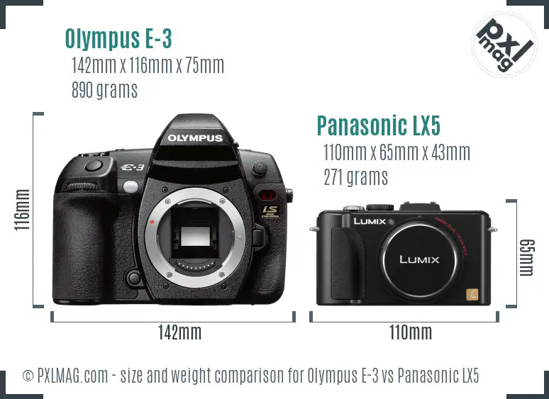 Olympus E-3 vs Panasonic LX5 size comparison