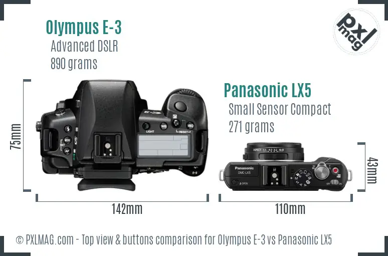 Olympus E-3 vs Panasonic LX5 top view buttons comparison