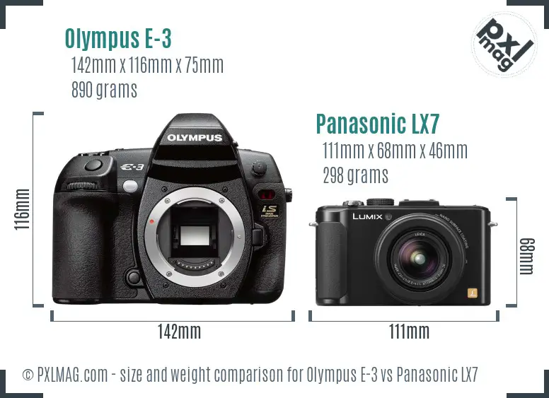 Olympus E-3 vs Panasonic LX7 size comparison