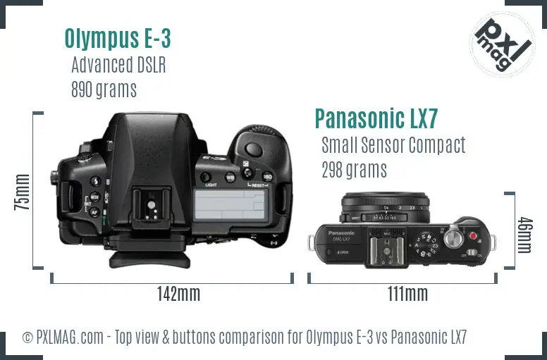 Olympus E-3 vs Panasonic LX7 top view buttons comparison