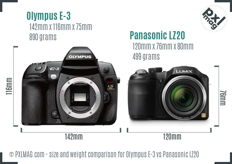 Olympus E-3 vs Panasonic LZ20 size comparison