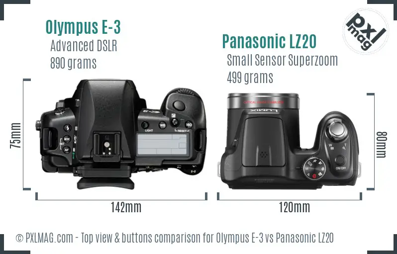 Olympus E-3 vs Panasonic LZ20 top view buttons comparison