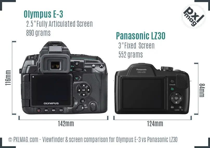 Olympus E-3 vs Panasonic LZ30 Screen and Viewfinder comparison