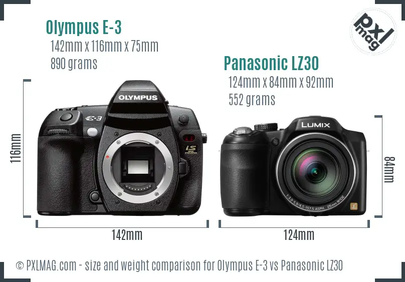 Olympus E-3 vs Panasonic LZ30 size comparison