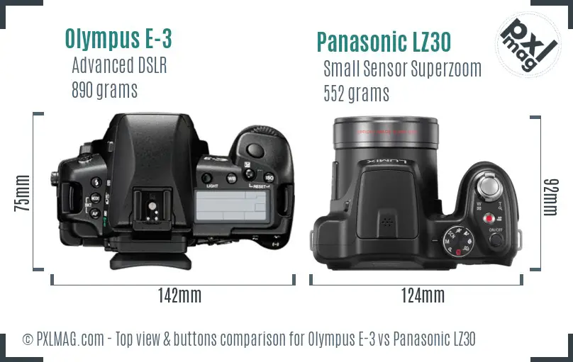 Olympus E-3 vs Panasonic LZ30 top view buttons comparison