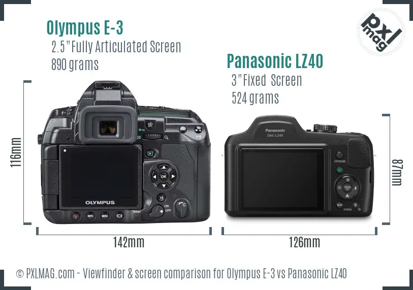 Olympus E-3 vs Panasonic LZ40 Screen and Viewfinder comparison