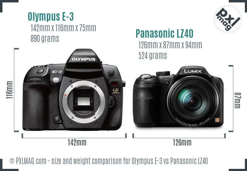 Olympus E-3 vs Panasonic LZ40 size comparison