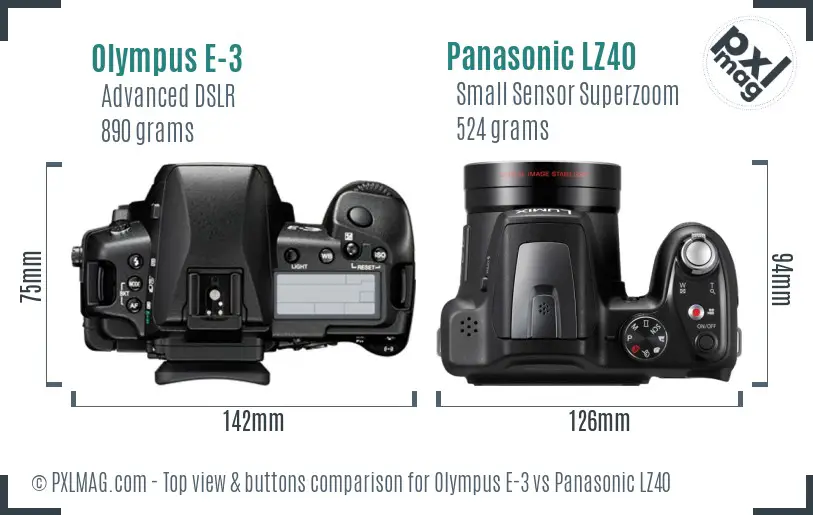 Olympus E-3 vs Panasonic LZ40 top view buttons comparison