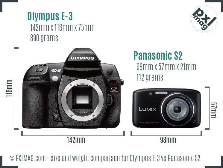 Olympus E-3 vs Panasonic S2 size comparison