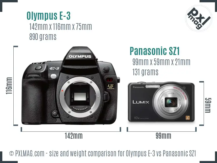 Olympus E-3 vs Panasonic SZ1 size comparison