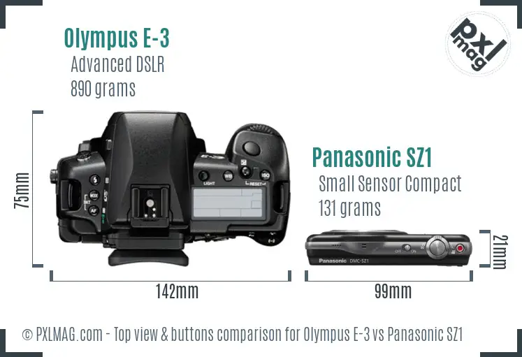 Olympus E-3 vs Panasonic SZ1 top view buttons comparison