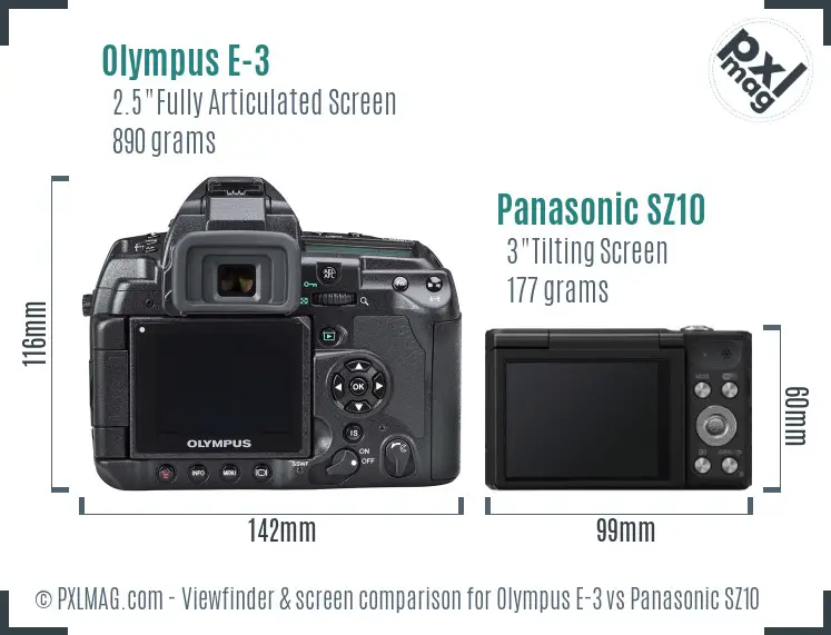 Olympus E-3 vs Panasonic SZ10 Screen and Viewfinder comparison