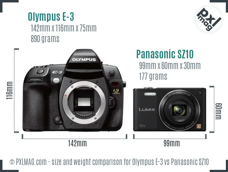 Olympus E-3 vs Panasonic SZ10 size comparison
