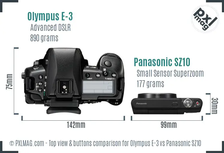 Olympus E-3 vs Panasonic SZ10 top view buttons comparison