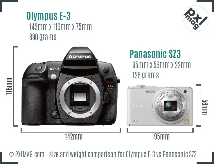 Olympus E-3 vs Panasonic SZ3 size comparison
