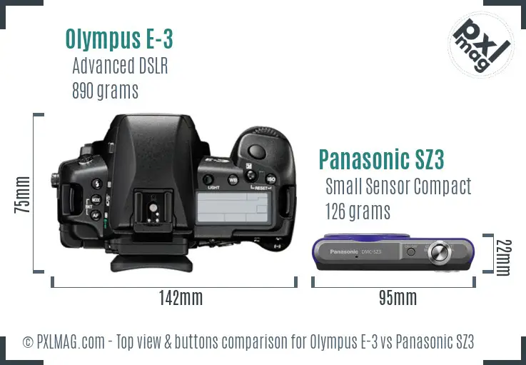 Olympus E-3 vs Panasonic SZ3 top view buttons comparison
