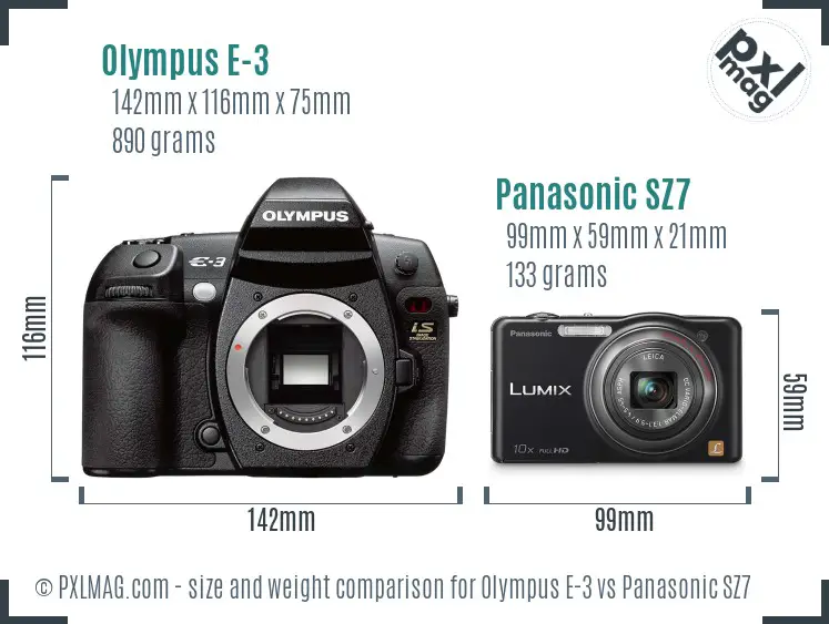 Olympus E-3 vs Panasonic SZ7 size comparison