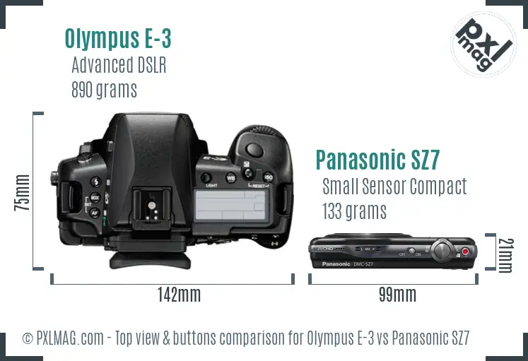 Olympus E-3 vs Panasonic SZ7 top view buttons comparison