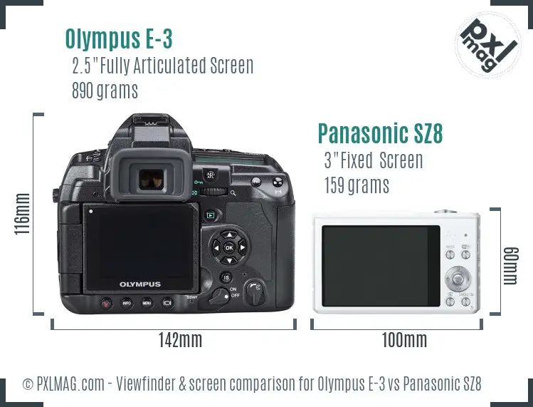 Olympus E-3 vs Panasonic SZ8 Screen and Viewfinder comparison