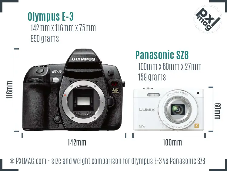 Olympus E-3 vs Panasonic SZ8 size comparison