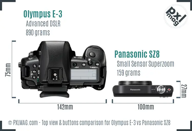 Olympus E-3 vs Panasonic SZ8 top view buttons comparison