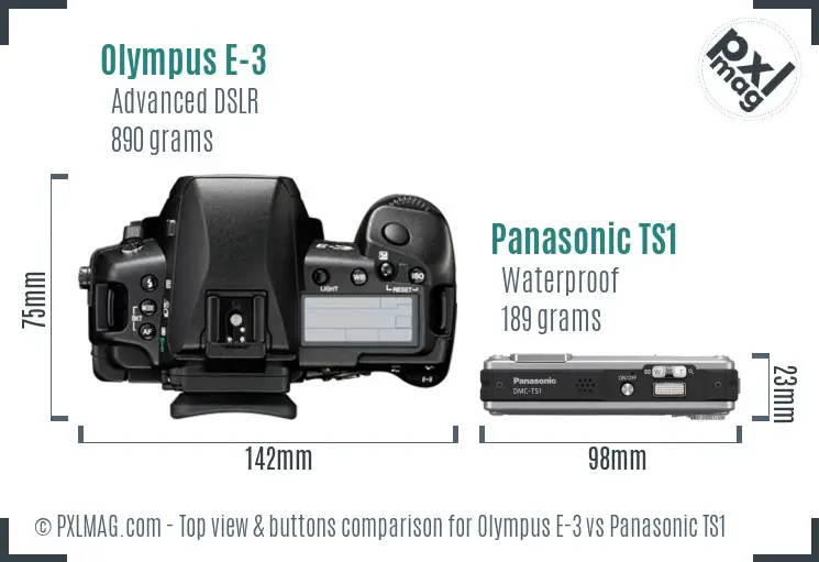 Olympus E-3 vs Panasonic TS1 top view buttons comparison