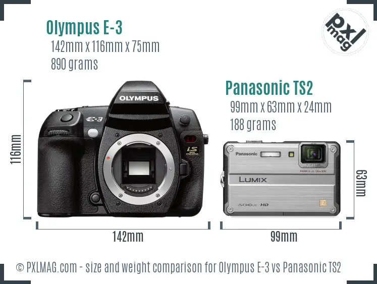 Olympus E-3 vs Panasonic TS2 size comparison