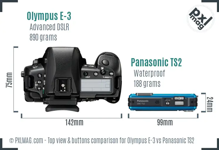 Olympus E-3 vs Panasonic TS2 top view buttons comparison