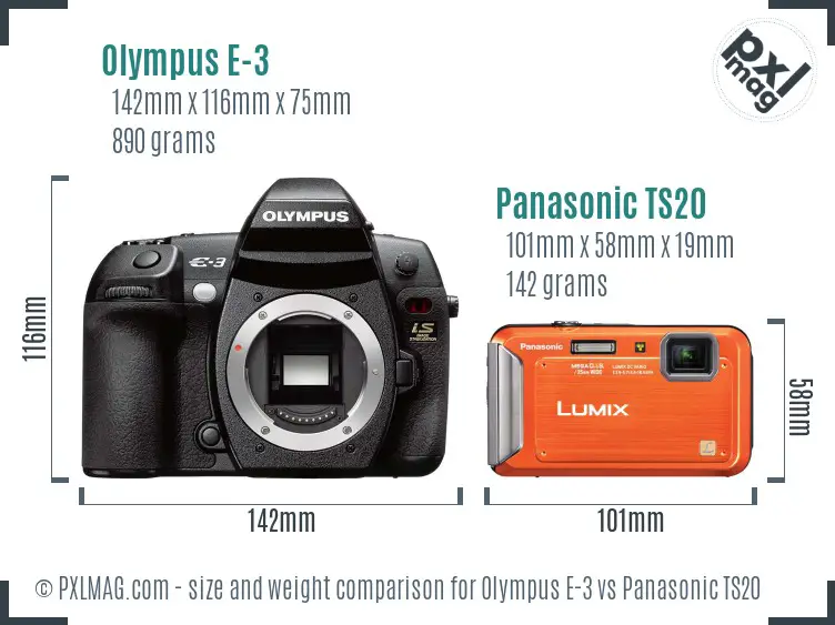 Olympus E-3 vs Panasonic TS20 size comparison