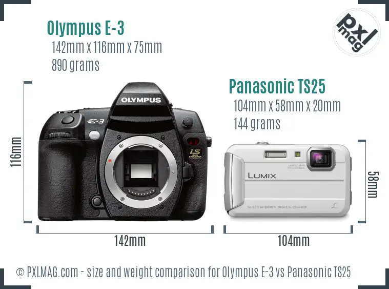 Olympus E-3 vs Panasonic TS25 size comparison