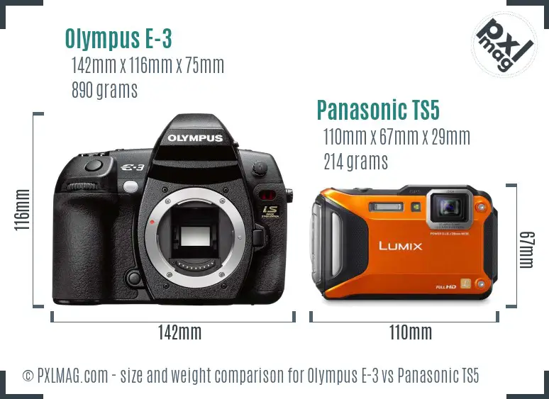 Olympus E-3 vs Panasonic TS5 size comparison