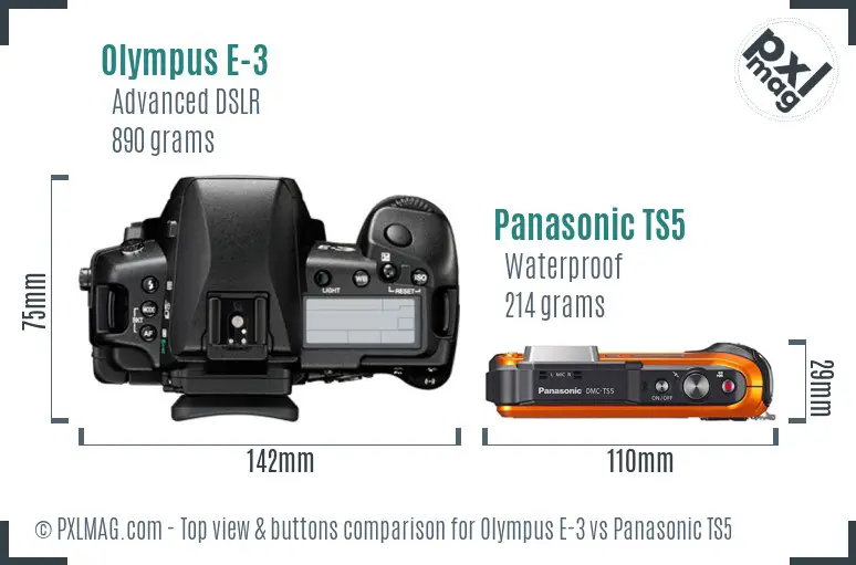 Olympus E-3 vs Panasonic TS5 top view buttons comparison