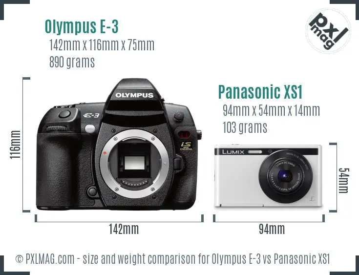 Olympus E-3 vs Panasonic XS1 size comparison