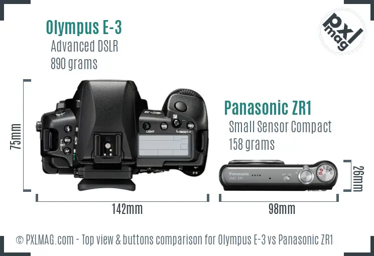 Olympus E-3 vs Panasonic ZR1 top view buttons comparison