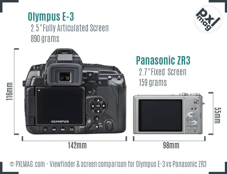 Olympus E-3 vs Panasonic ZR3 Screen and Viewfinder comparison