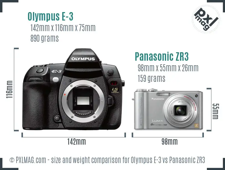 Olympus E-3 vs Panasonic ZR3 size comparison