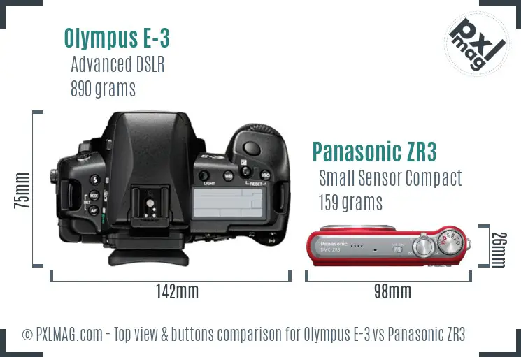 Olympus E-3 vs Panasonic ZR3 top view buttons comparison