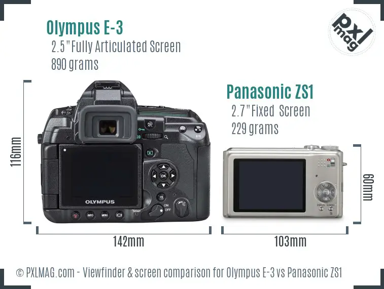 Olympus E-3 vs Panasonic ZS1 Screen and Viewfinder comparison