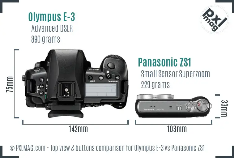 Olympus E-3 vs Panasonic ZS1 top view buttons comparison
