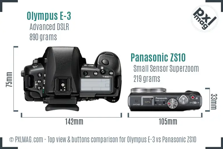 Olympus E-3 vs Panasonic ZS10 top view buttons comparison