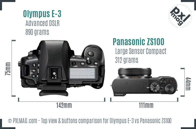 Olympus E-3 vs Panasonic ZS100 top view buttons comparison